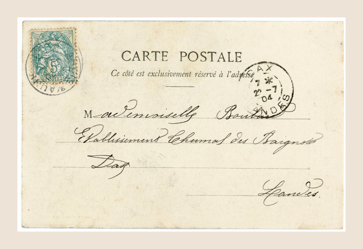 Reverse of Bergeret Grandmother's Bonnet postcard number 1 with green French 5 centimes stamp, Dax 1904 cancellation and handwritten address.