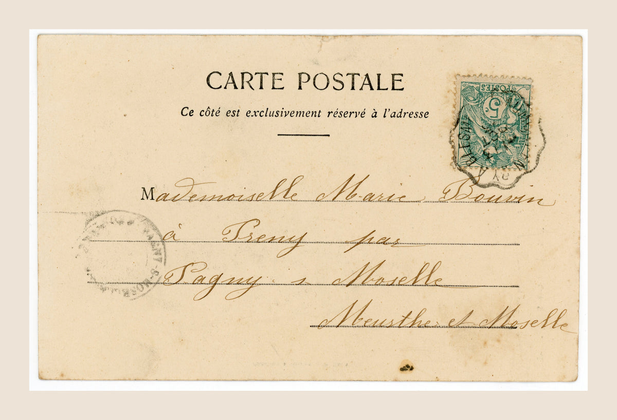 Reverse of Bergeret Expulsée antique French postcard with green 5 centimes postage stamp, handwritten address to Marie Bonnin in Prény and postal cancellation.
