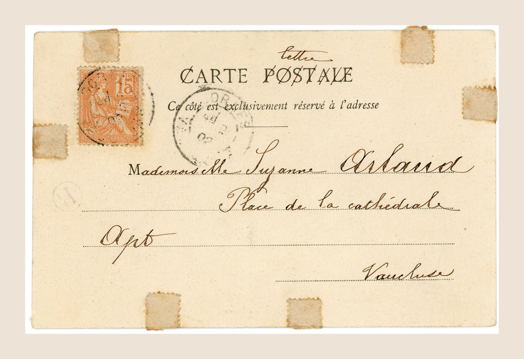 Reverse of antique Bergeret L'Espérance postcard addressed to Suzanne Allard in Apt, Vaucluse, with French 15-centime stamp and old album adhesive marks.