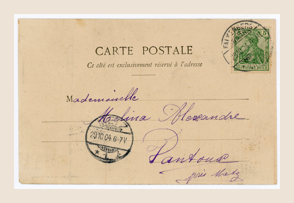 Reverse of antique French Bergeret postcard with green 5 pfennig Deutsches Reich stamp, Falkenberg postmark and handwritten address to Melina Alexandre in Metz.
 Copier