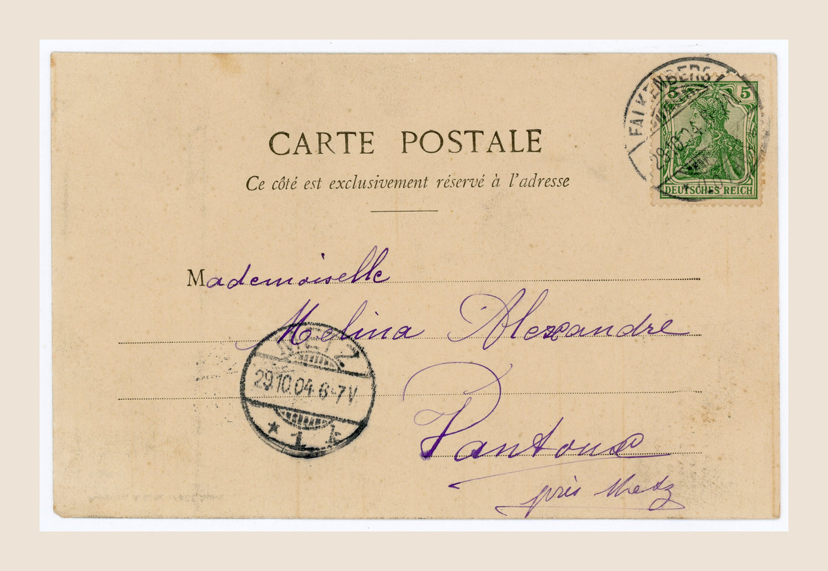 Reverse of antique French Bergeret postcard with green 5 pfennig Deutsches Reich stamp, Falkenberg postmark and handwritten address to Melina Alexandre in Metz.
 Copier