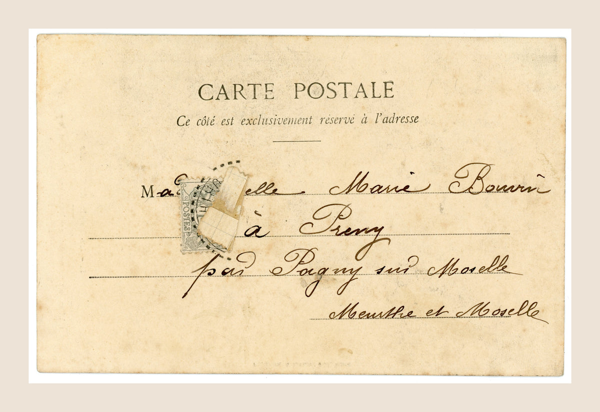 Reverse of antique Bergeret railway postcard No. 1 with handwritten address, vintage French postage stamp and postal cancellation.