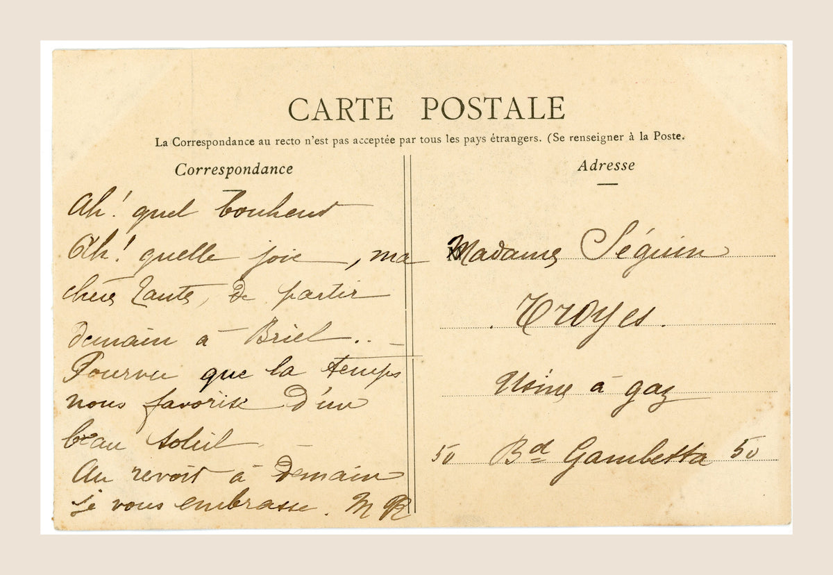 Reverse of antique French countryside postcard with handwritten correspondence, address and early 20th-century postal markings.