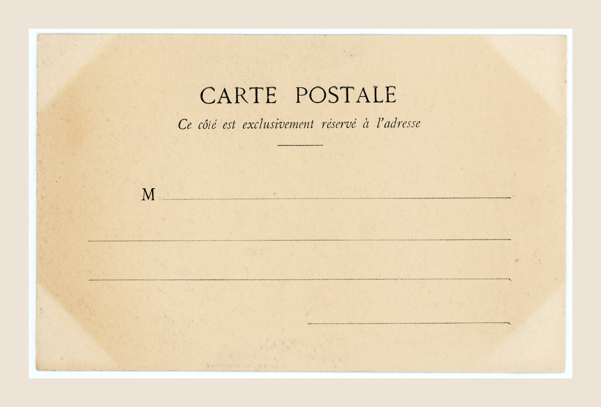 Unused reverse of antique French Bergeret postcard L'Ouïe, with original Carte Postale address lines and naturally aged paper.