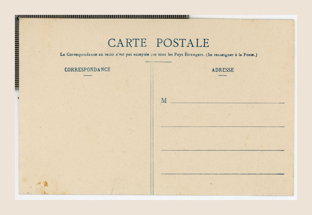 Reverse of antique French Bergeret postcard L’Espérance, showing unused correspondence and address sections in blue printing, early 20th century.