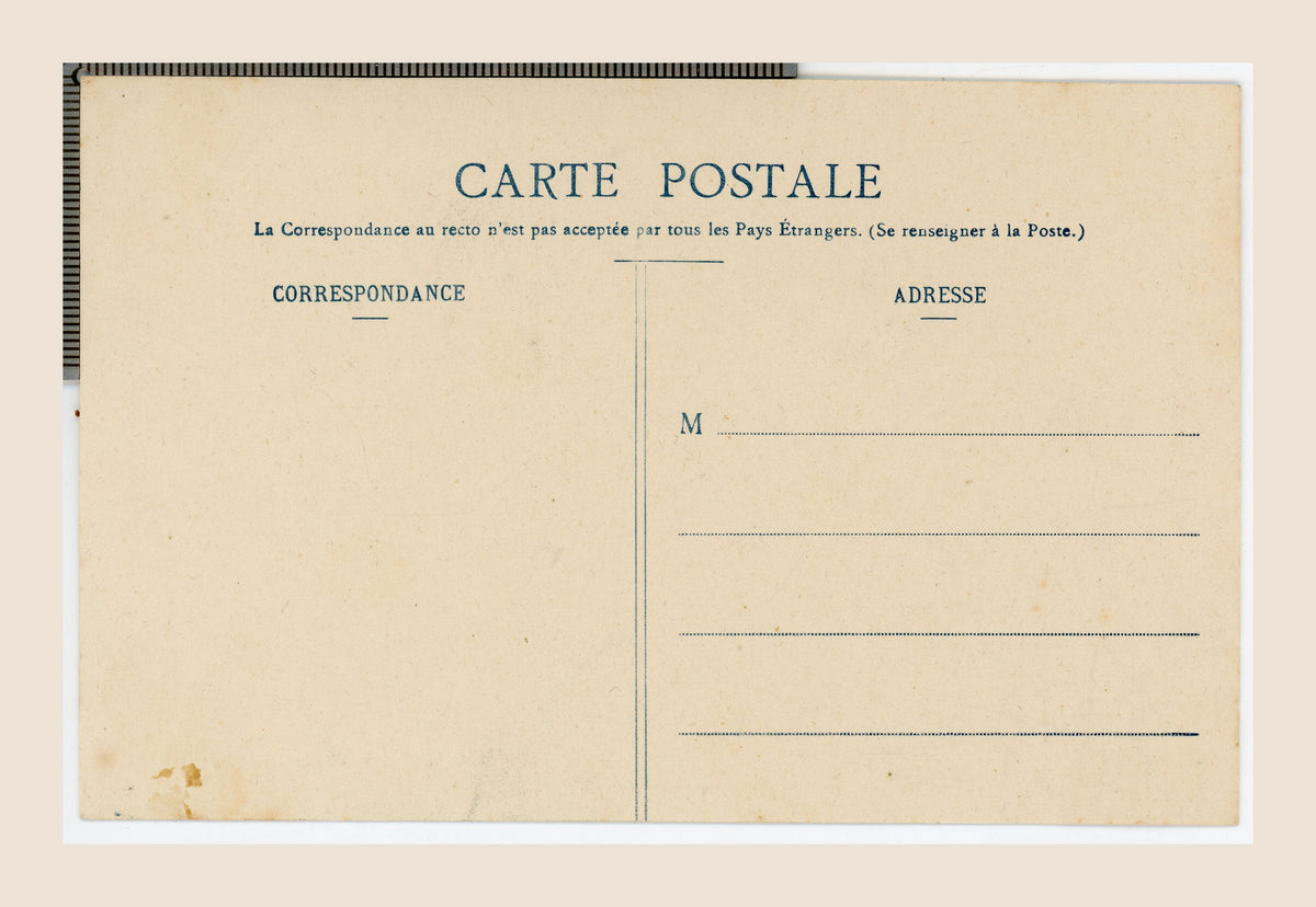Reverse of antique French Bergeret postcard L’Espérance, showing unused correspondence and address sections in blue printing, early 20th century.