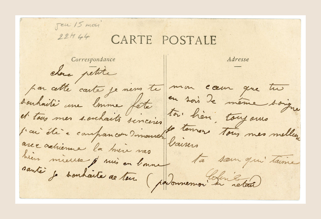 Reverse of antique French Bergeret Le Lapin postcard featuring original handwritten personal correspondence, period postcard layout and aged cream paper.