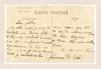Reverse of antique French Bergeret Le Lapin postcard featuring original handwritten personal correspondence, period postcard layout and aged cream paper.