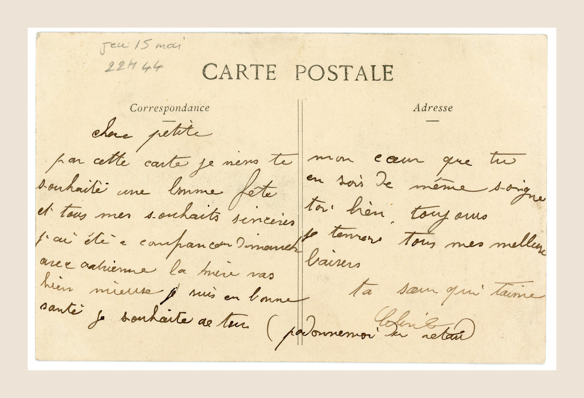 Reverse of antique French Bergeret Le Lapin postcard featuring original handwritten personal correspondence, period postcard layout and aged cream paper.