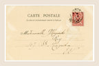 Reverse of an antique 1903 French Tiara of Saitaphernes postcard, showing handwritten address to Marguerite Rey in Paris, red 10-centime stamp and postmark.