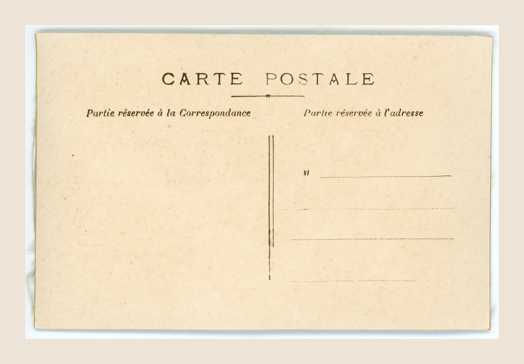 Antique postcard with white lily of the valley flowers in an ornate white and gold jardinière, in relief on a pale blue fibrous textile background.