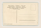 Reverse of an antique postcard with multilingual headings, address lines, faint pencil writing, scattered brown spots and age-toned edges.