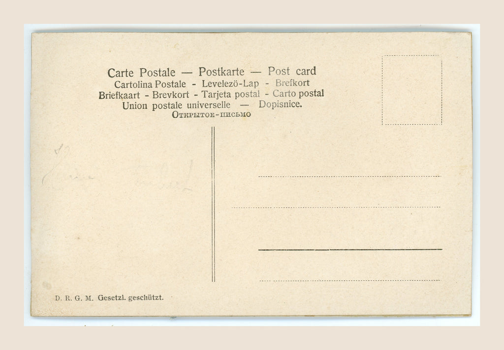 Reverse of an antique postcard with multilingual postal headings, a divided address section, D.R.G.M. marking, faint pencil traces and age-related spotting.