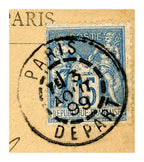 French postage stamp and postal cancellation on antique envelope, 1899