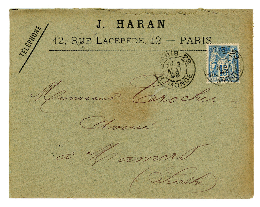 Original stamped envelope from Jules Haran medical correspondence, Paris 1896