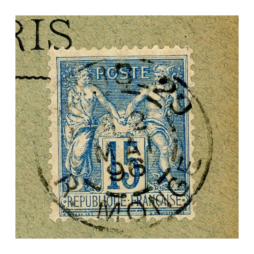French 15-centime postage stamp and Paris postmark on 1896 envelope