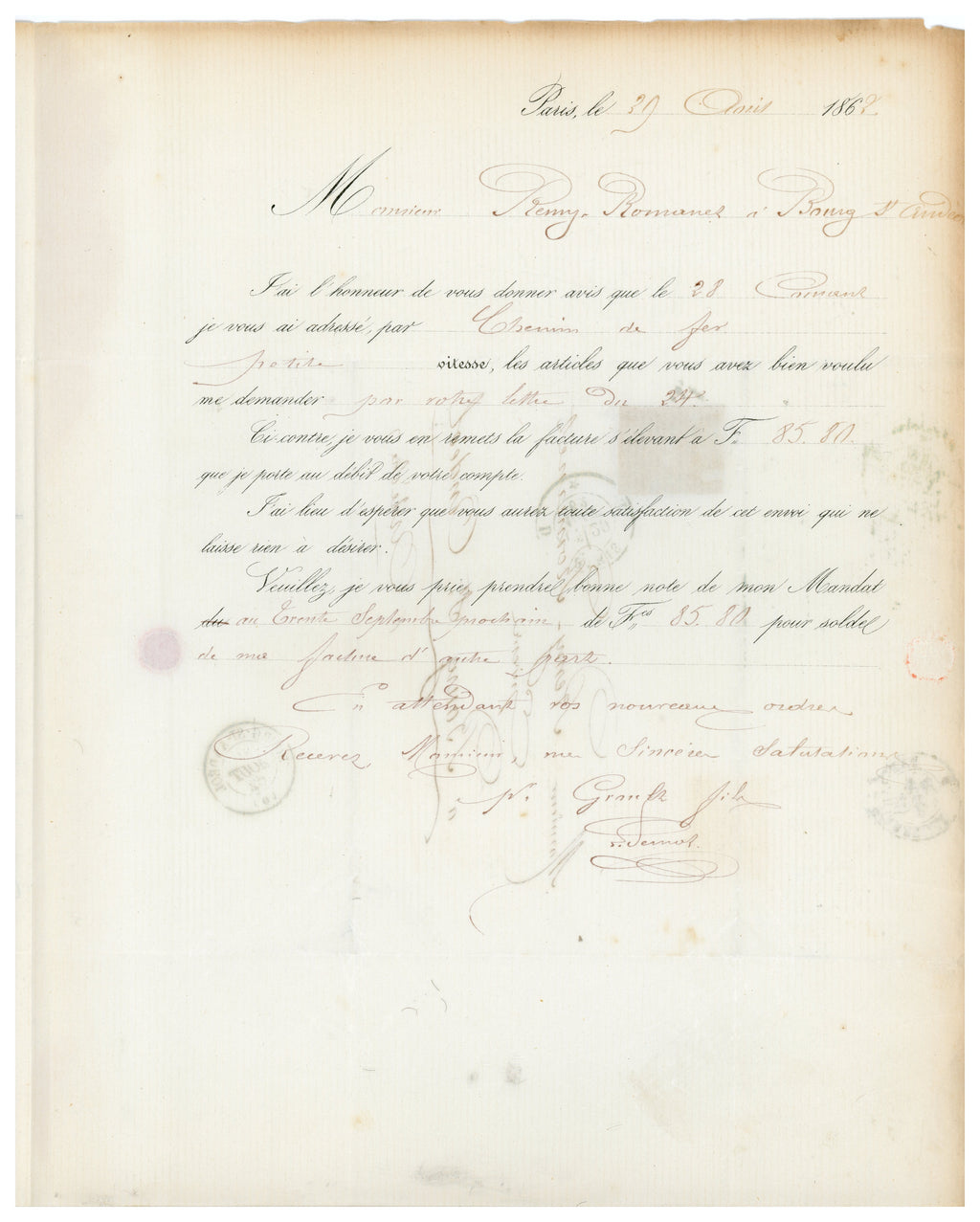 Handwritten business correspondence accompanying Maison Groult invoice, Paris 1862
