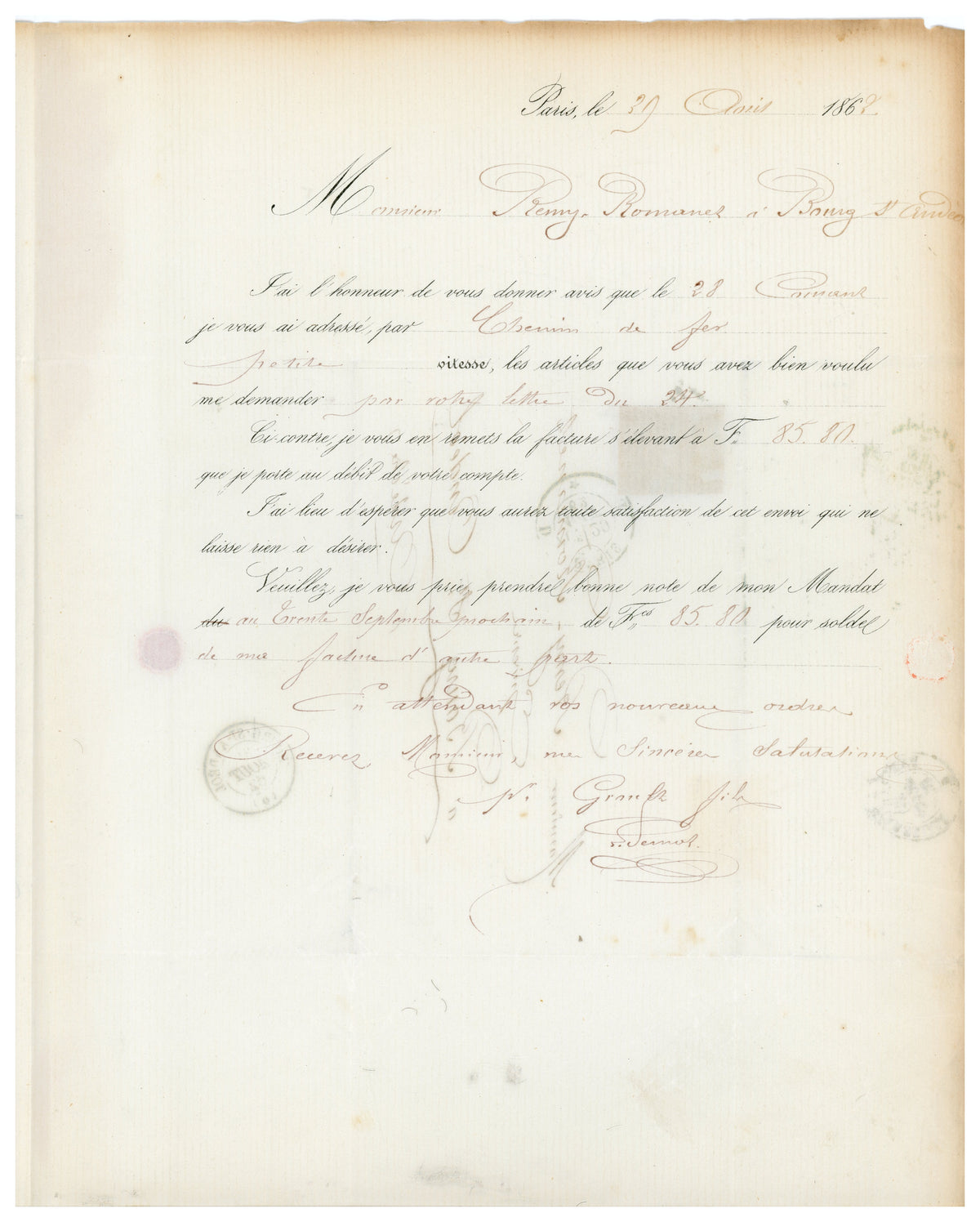 Handwritten business correspondence accompanying Maison Groult invoice, Paris 1862