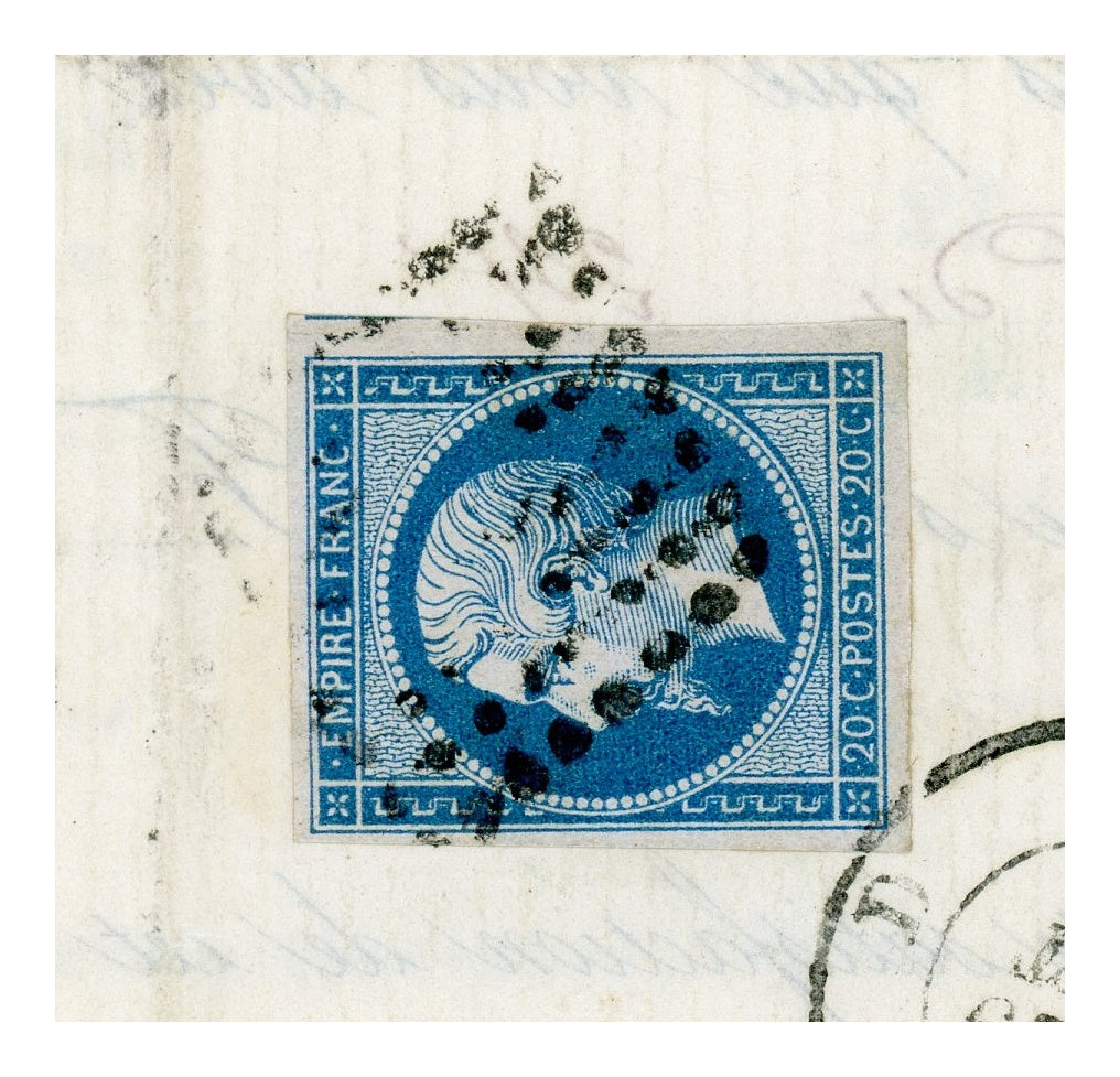 French postage stamp and postal cancellation on Maison Groult document, 1862