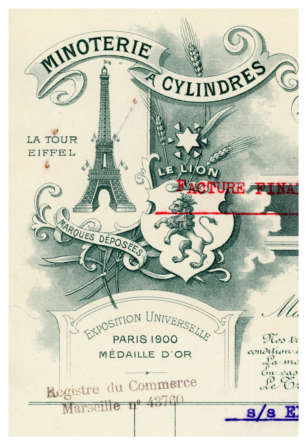 Illustrated Cat & Olivier flour mill letterhead with Eiffel Tower and lion emblem, Marseille 1929