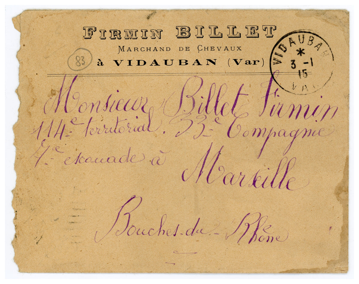 Original envelope accompanying 1914 Firmin Billet family correspondence