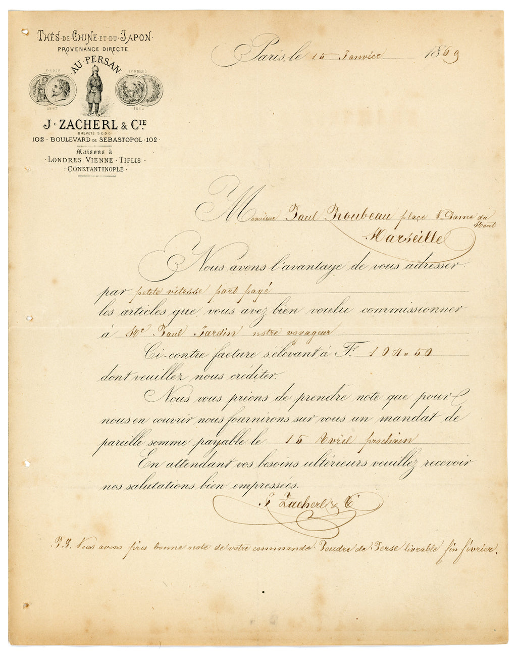 1869 French business letter accompanying J. Zacherl & Cie tea invoice