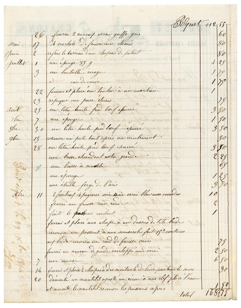 Reverse page of antique French saddler and coachbuilder invoice, 1866
