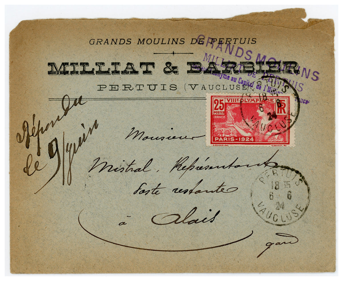 Original envelope from Grands Moulins de Pertuis business correspondence, 1924