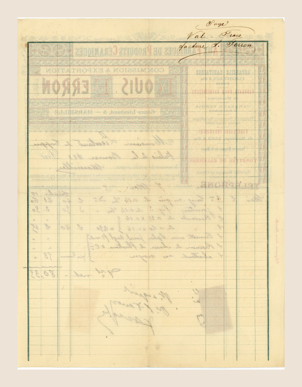 Reverse of 1898 Louis Perron commercial invoice from Marseille