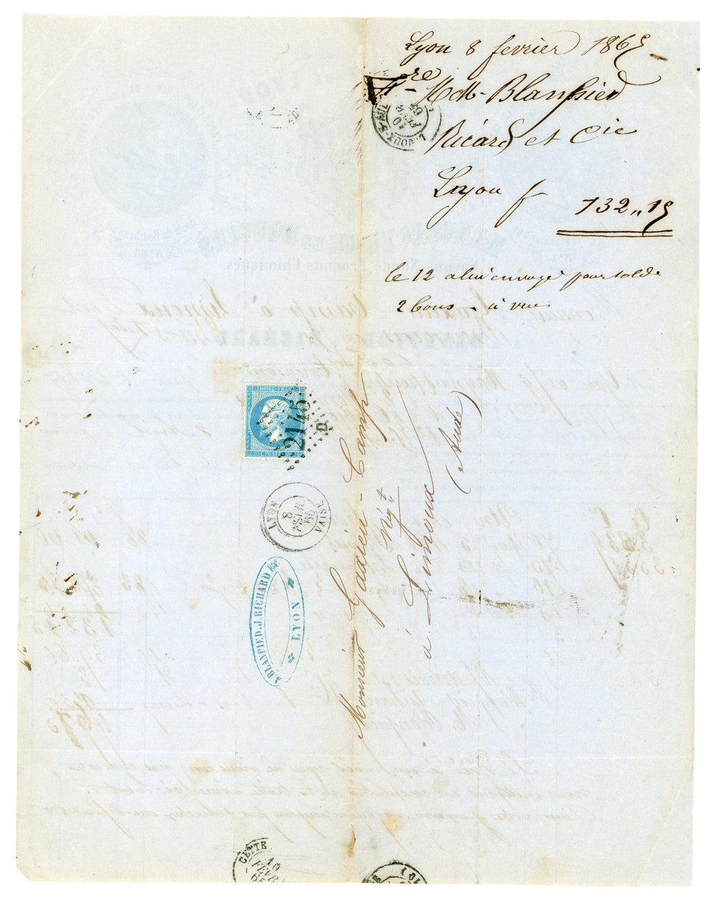 Reverse of 1865 French commercial invoice with postal markings and postage stamp