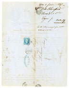 Reverse of 1865 French commercial invoice with postal markings and postage stamp