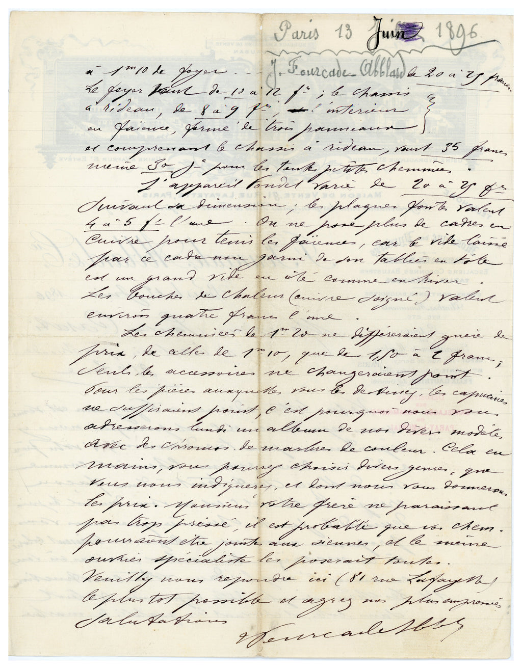 Original 1896 French marble business letter with elaborate illustrated factory letterhead