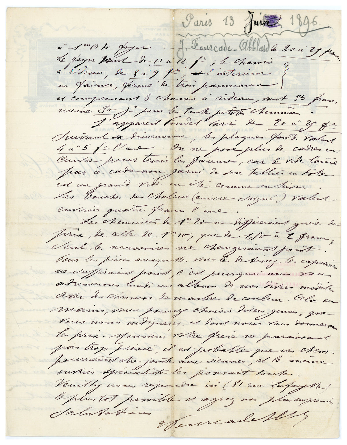 Original 1896 French marble business letter with elaborate illustrated factory letterhead