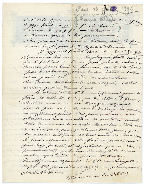 Original 1896 French marble business letter with elaborate illustrated factory letterhead