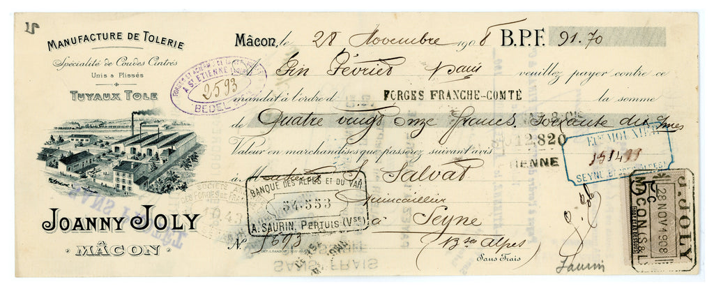 Commercial bill of exchange accompanying Joanny Joly invoice, Mâcon 1908