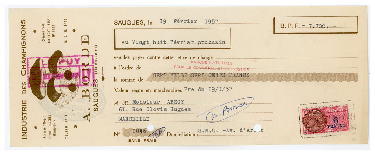 1957 commercial bill of exchange accompanying A. Borde mushroom invoice