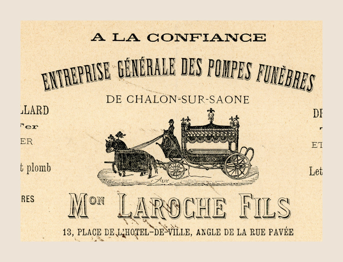 Illustrated Laroche Fils funeral services letterhead with horse-drawn hearse, 1896