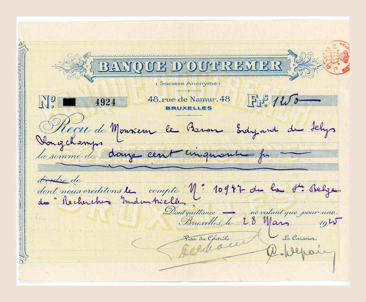 1925 Belgian Industrial Research Letter & Banque d’Outremer Receipt – Selys Longchamps Archive