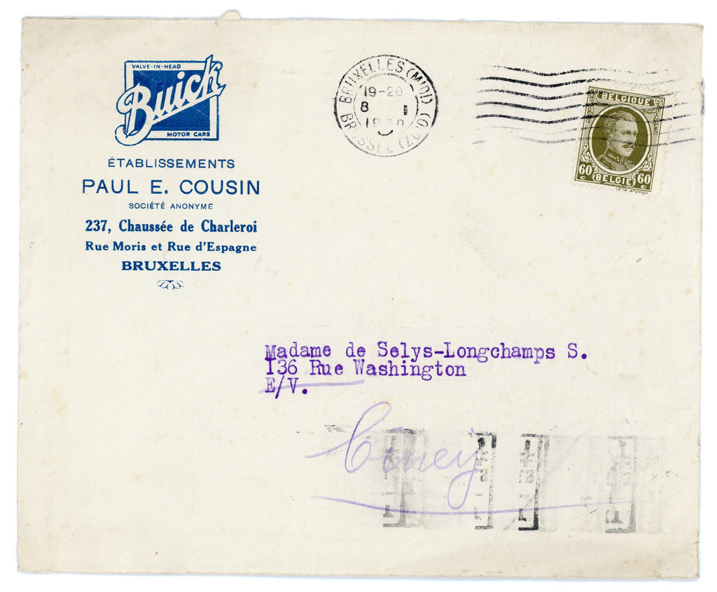 1930 Buick Brussels Invoice & Envelope – Madame de Selys-Longchamps