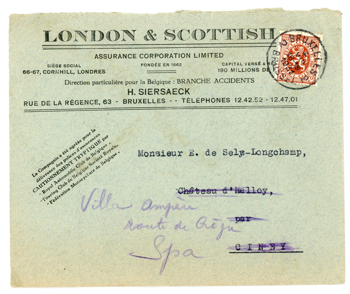 1931 Citroën Automobile Insurance Letter – Selys Longchamps Archive