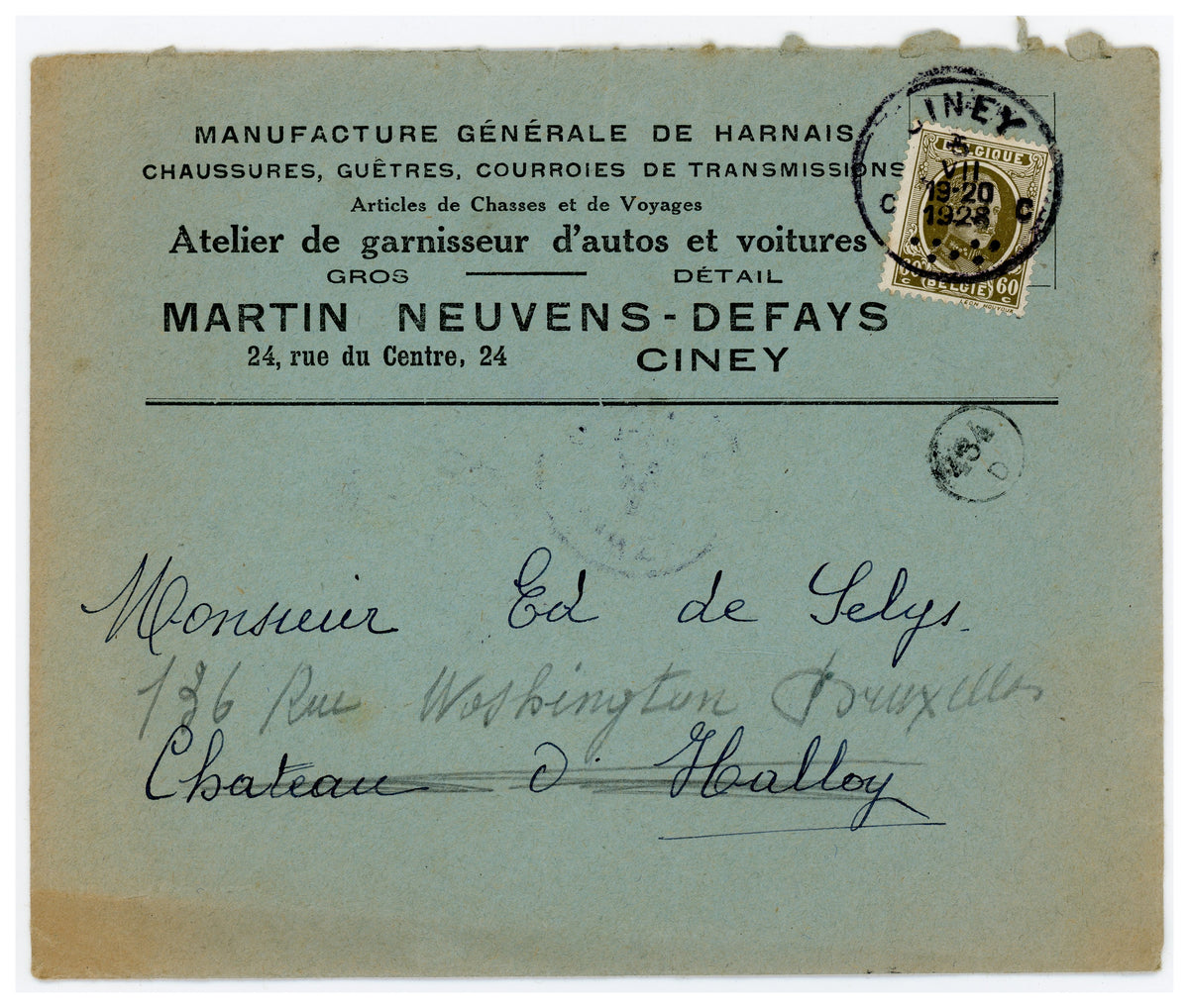 1928 Harness Maker Invoice & Envelope – Selys Longchamps Archive