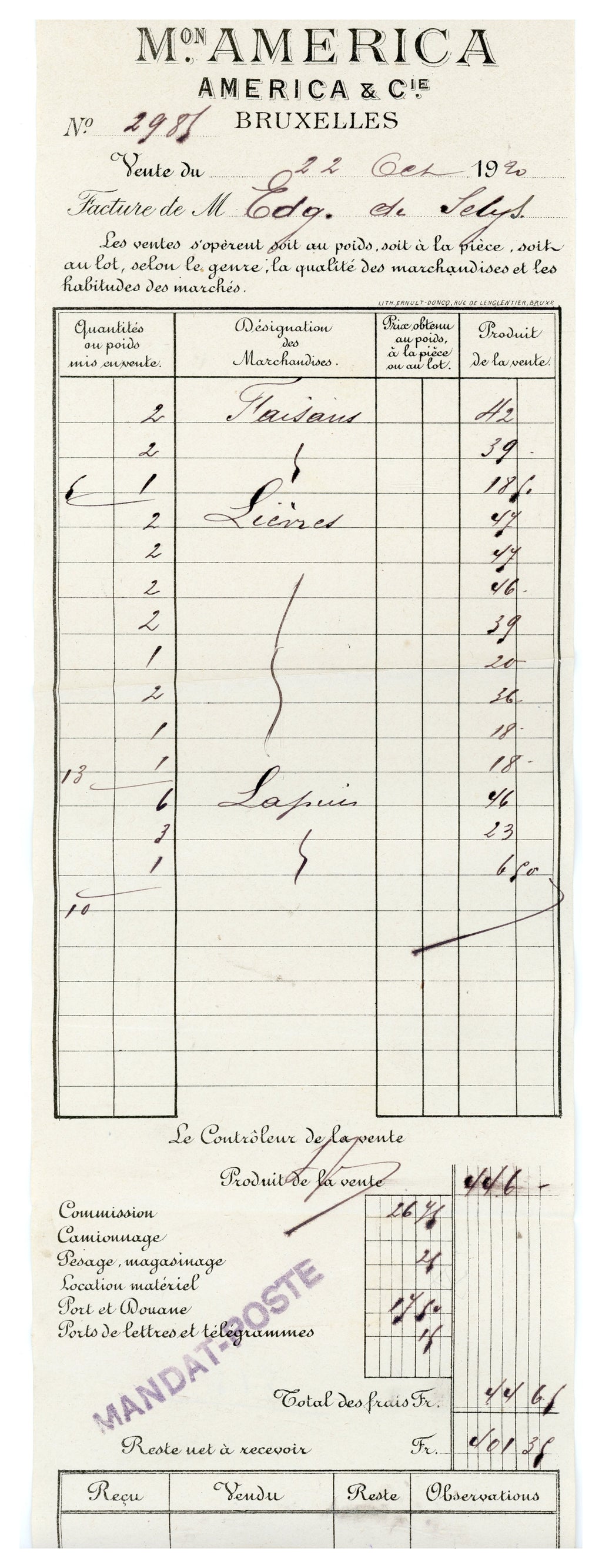 1920 Brussels Game Market Letter & Auction Invoice – Selys Longchamps Archive
