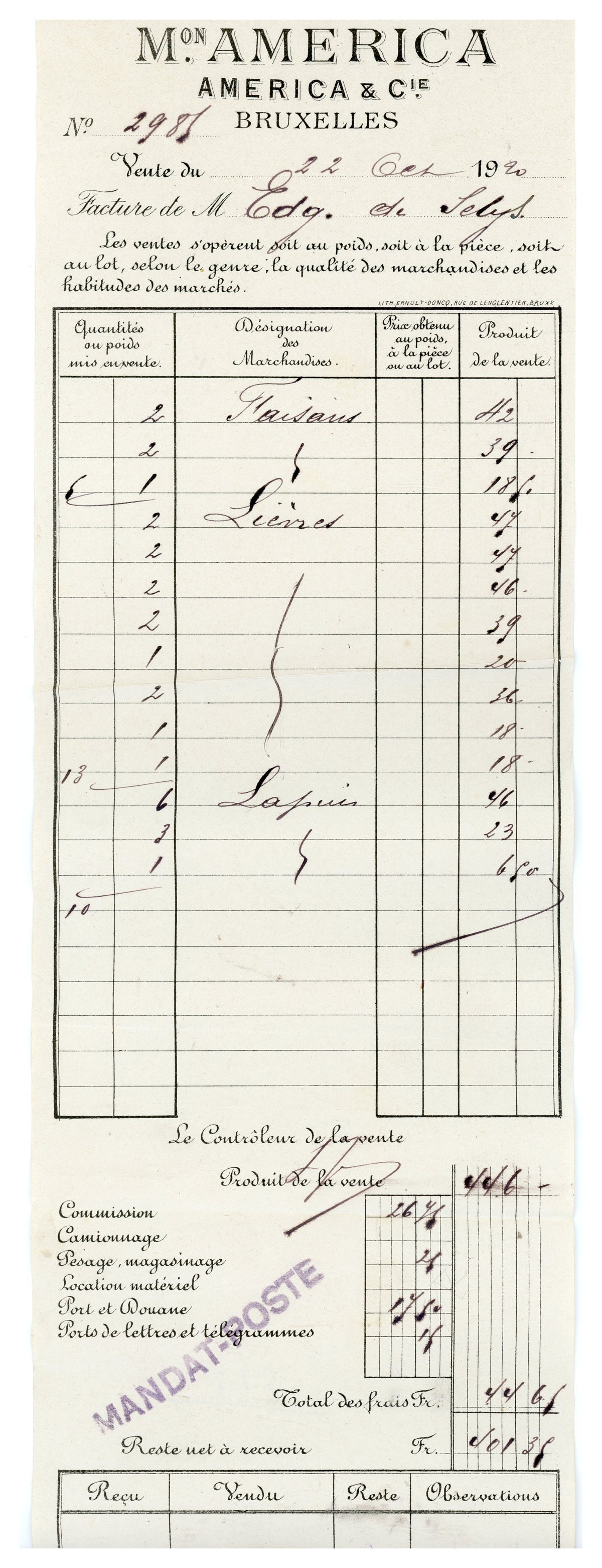1920 Brussels Game Market Letter & Auction Invoice – Selys Longchamps Archive