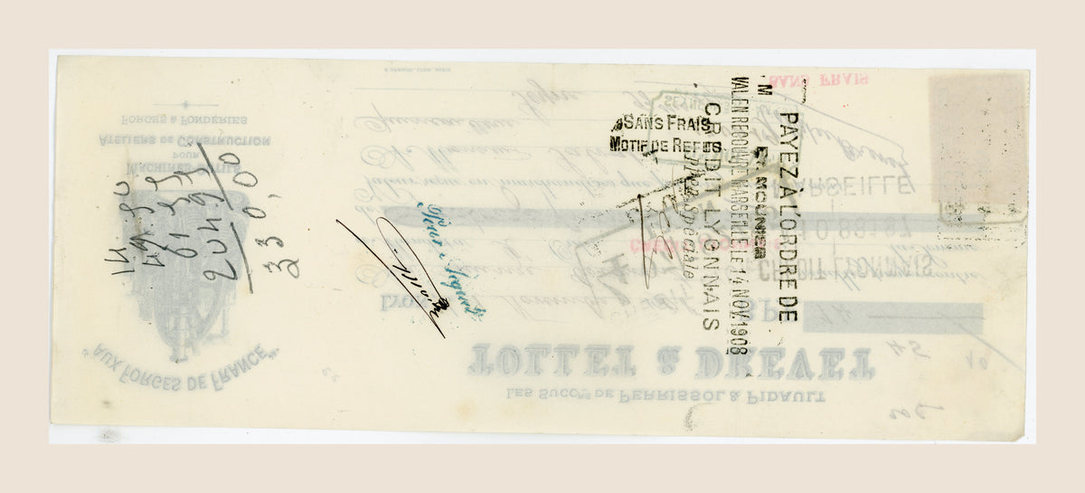Reverse of 1908 Tollet & Drevet bill of exchange with handwritten endorsements, payment marks and bank stamps