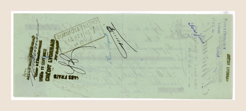 Reverse of 1902 P. Arnaud & Cie French bill of exchange with handwritten endorsements, signatures and historic banking marks