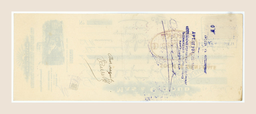 Reverse of 1907 Mas & Giroud French bill of exchange with handwritten endorsements, signatures and historic banking stamps