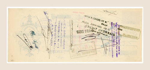 Reverse of 1906 French bill of exchange with handwritten endorsements, signatures and historic bank markings