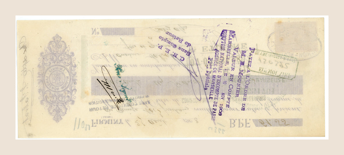 Reverse of 1908 French bill of exchange with handwritten endorsements, signatures and historic banking stamps