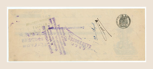 Reverse of 1902 French bill of exchange from Lyon with endorsements, signatures, bank stamps and 5-centime fiscal stamp