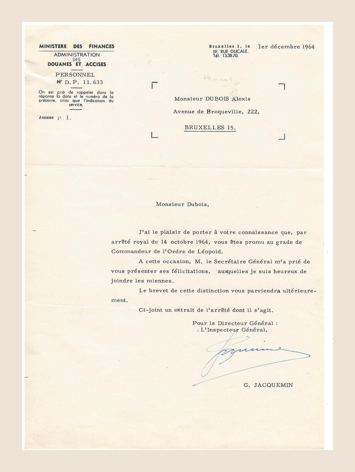 Belgian Ministry of Finance letter to Alexis Dubois announcing his promotion to Commander of the Order of Leopold, Brussels, 1 December 1964